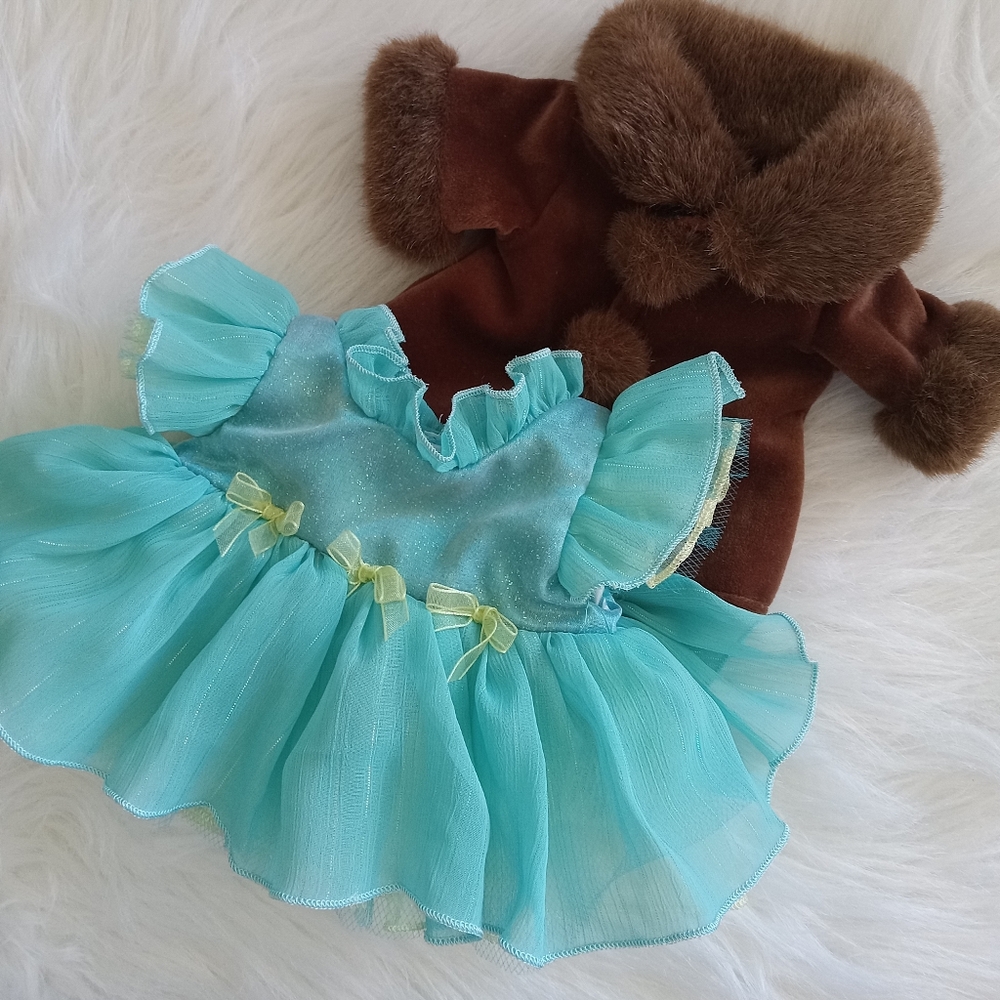2Pcs - Cute Aqua/Yellow Doll Dress & Cozy Brown Coat for Small Dolls